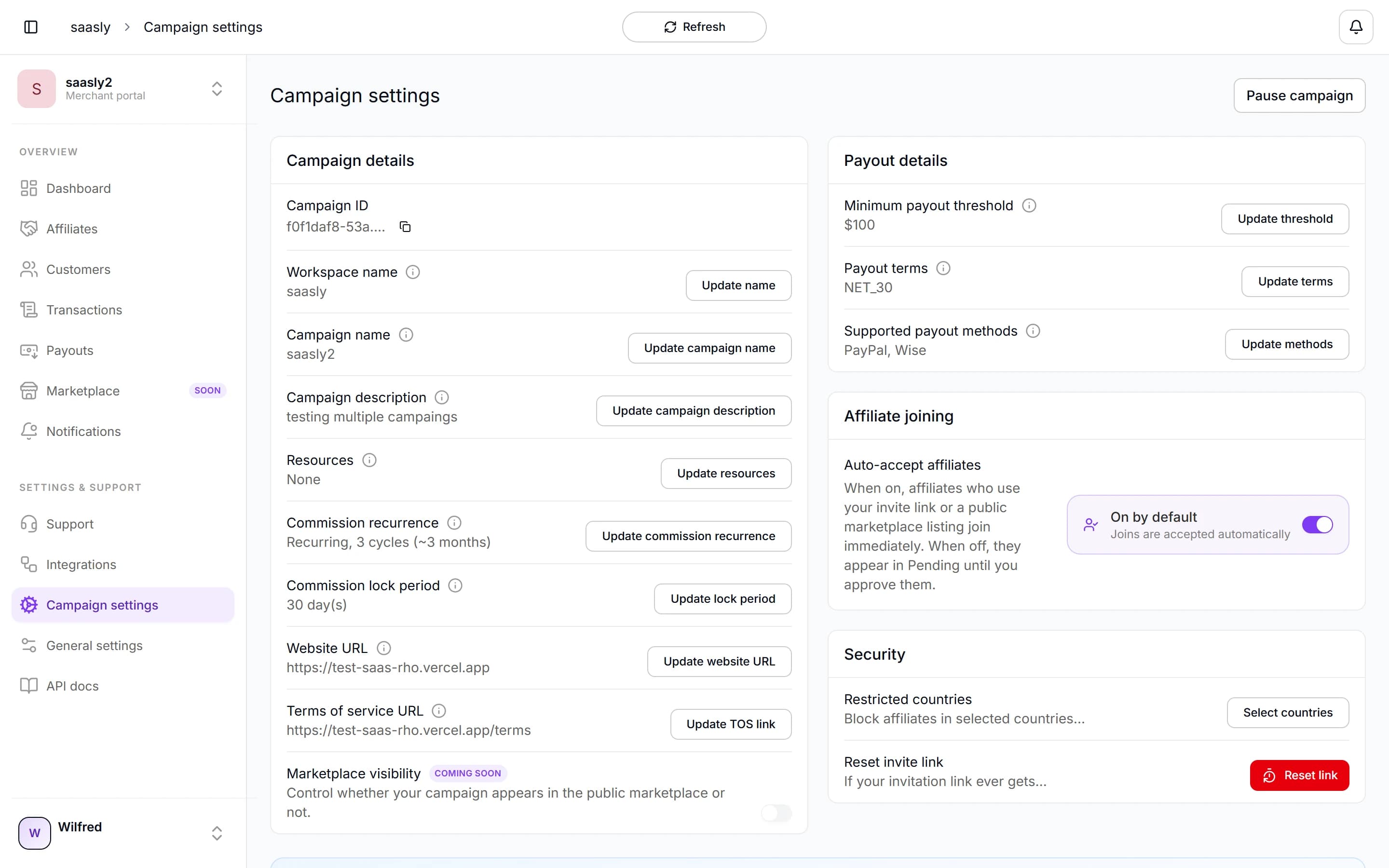 Arkvon campaign settings with commission recurrence, lock period and payout terms