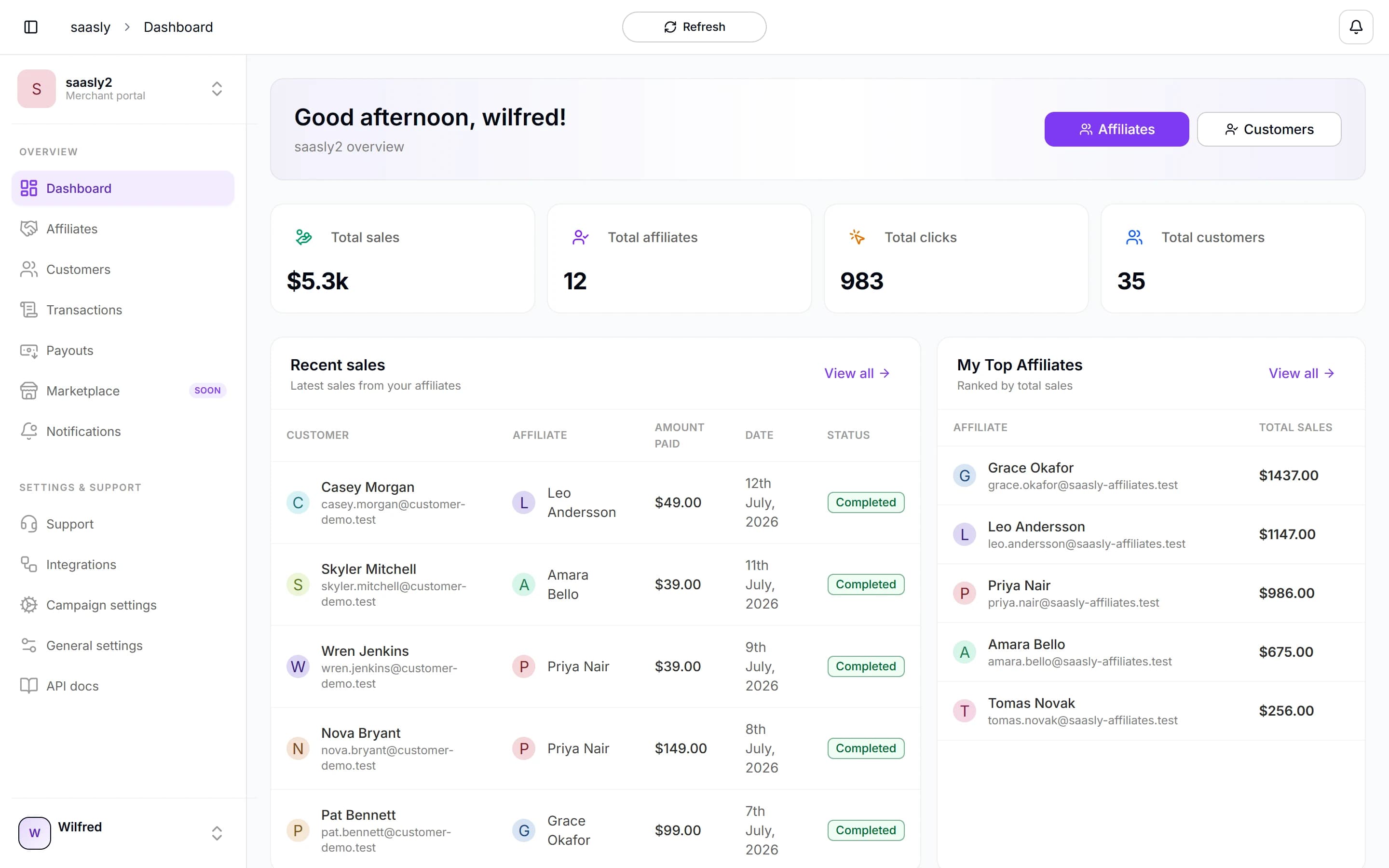 Arkvon merchant dashboard with total sales, affiliates, clicks, recent sales and top affiliates