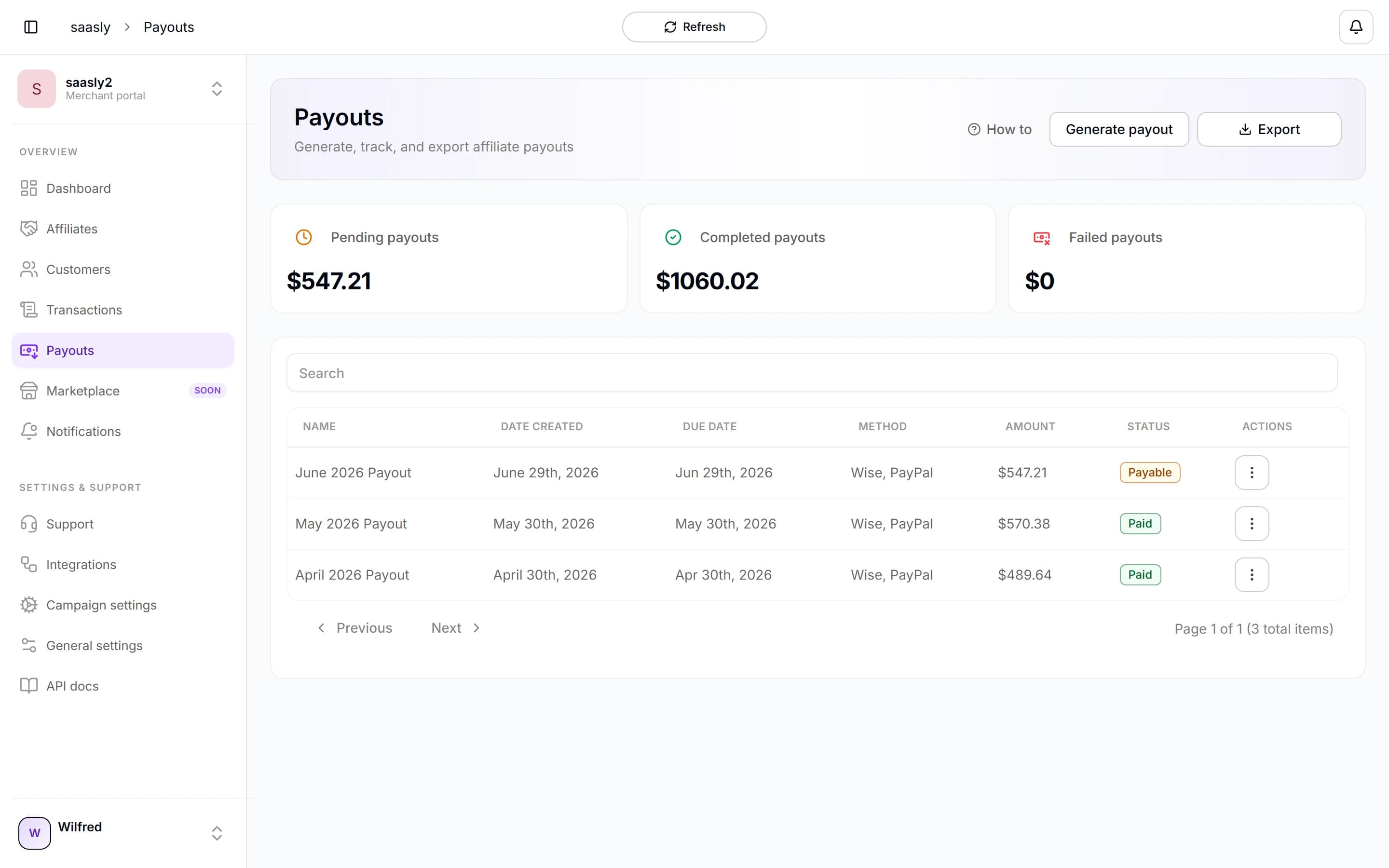 Arkvon payouts page with pending and completed payouts