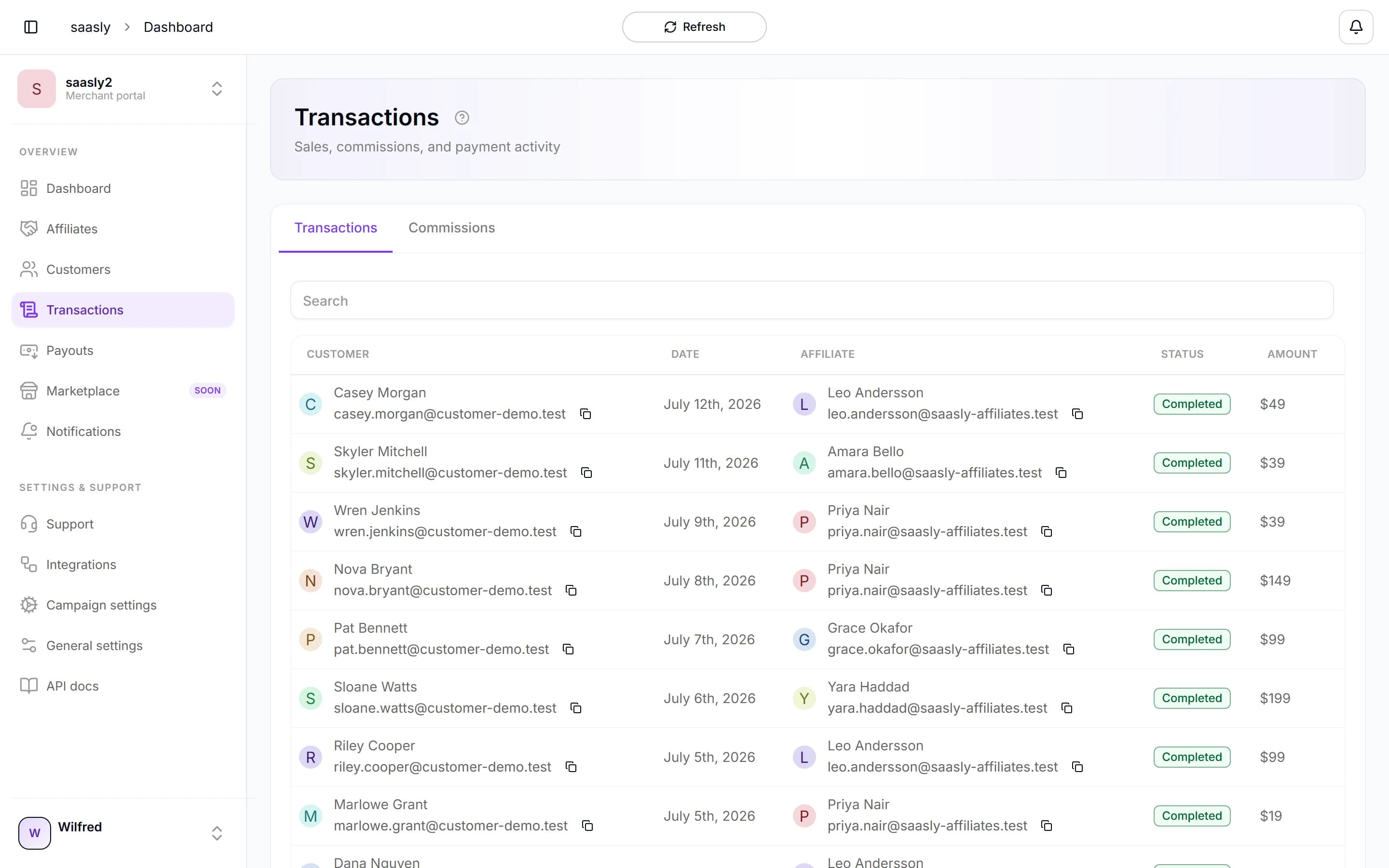 Arkvon transactions list matching each sale to the affiliate who referred it