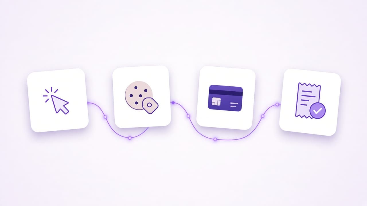 Click, cookie, Stripe payment, and commission as four connected steps